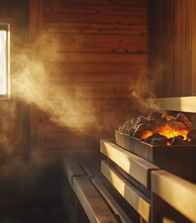 Gezellig houten Finse sauna interieur met stoom die opstijgt van verhitte stenen en zonlicht dat door een raam naar binnen valt.