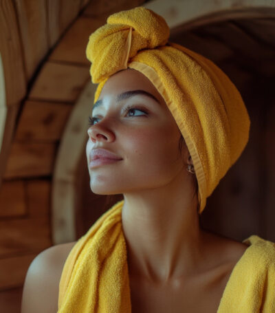Vrouw met handdoek om het hoofd in houten saunaomgeving