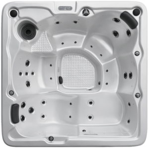 Een bovenaanzicht van een vierkante jacuzzi met meerdere zitplaatsen, jets, hoofdsteunen en een centraal voetgedeelte.