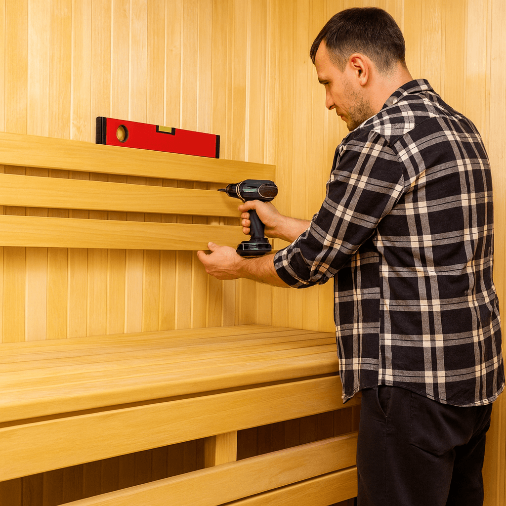 De foto toont een man met kort donker haar in een zwarte houthakkers blouse. Hij is een sauna in elkaar aan het zetten met een boor. Op de sauna ligt een rode waterpas