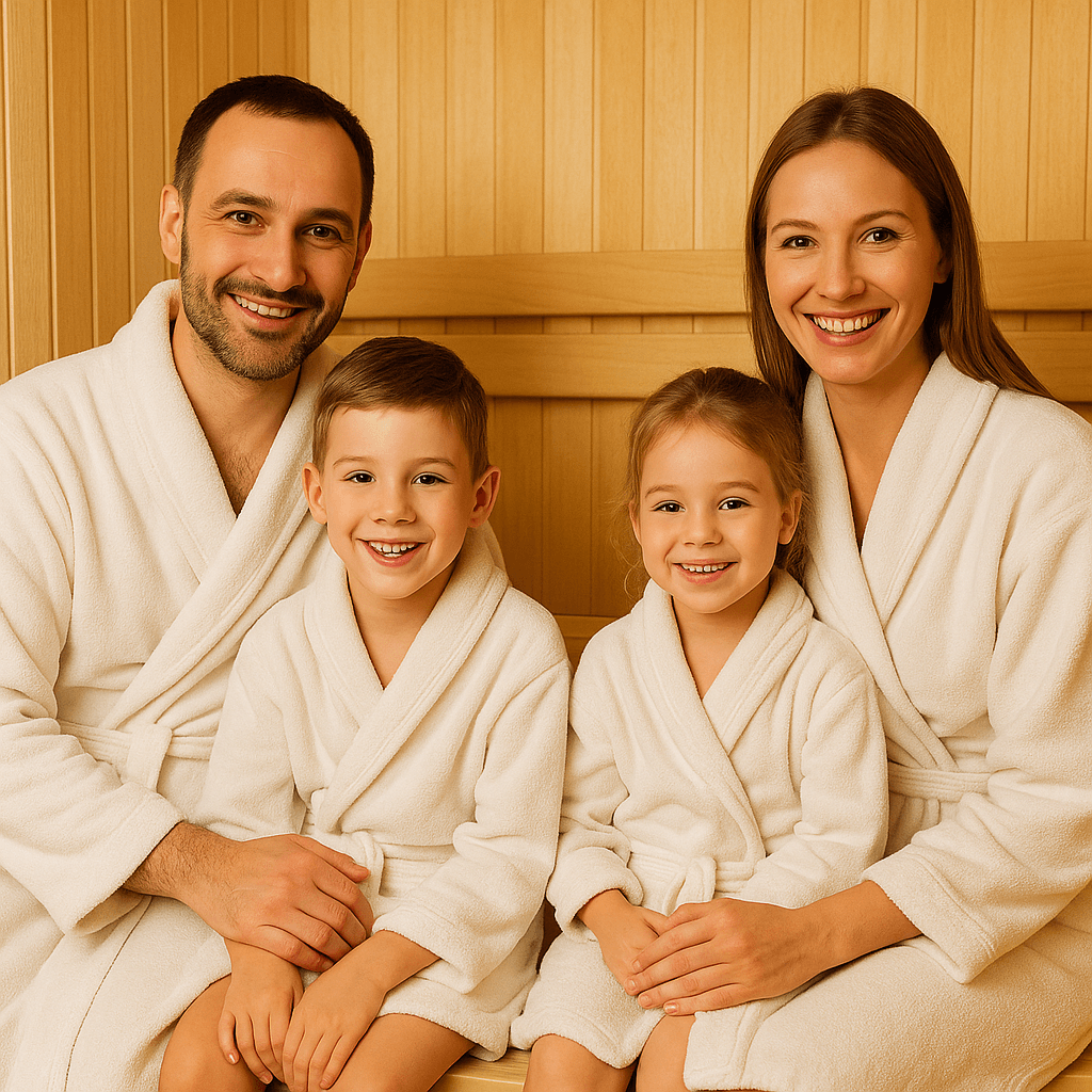 Een man en een vrouw in de sauna met 2 kinderen op schoot. Alle 4 hebben een witte badjas aan . Een zoon van 12 en het meisje is 14