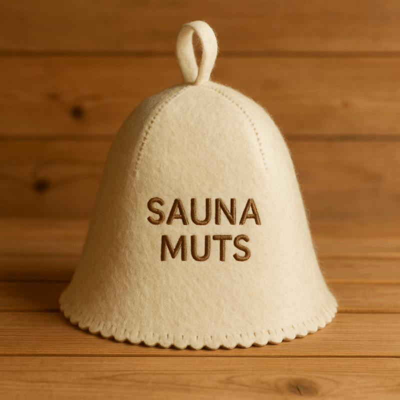 op de afbeelding staat een beige sauna muts waar met bruine letters; "sauna muts" op staat