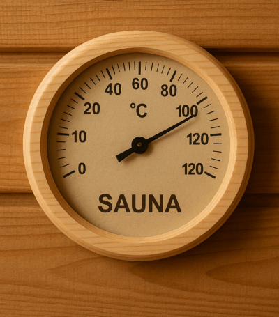 Op de afbeelding staat een sauna thermometer die ongeveer 200 graden aangeeft