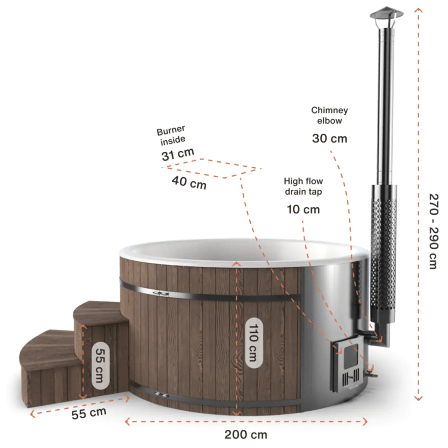 Hottub rond 200cm tekening met interne kachel