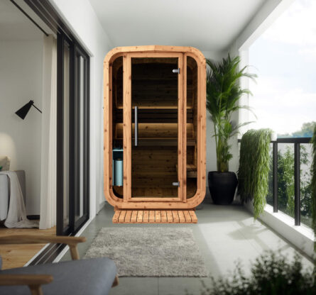 WHB Cube sauna 150 op balkon