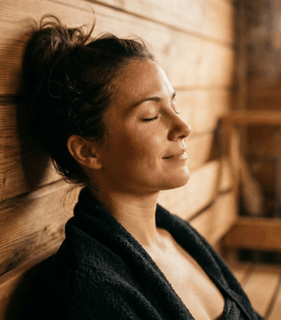 Gezonde vrouw geniet van de sauna met haar ogen dicht