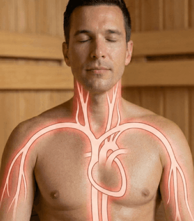 Man aan het ontspannen in de finse sauna met de ogen dicht en bloedvaten zijn schematisch weergegeven