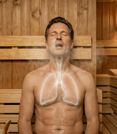 Man in de sauna aanhet inhaleren met luchtwegen en longen schematisch weergegeven