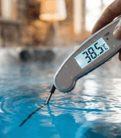 hand die een thermometer in het blauwe water van een jacuzzi houdt