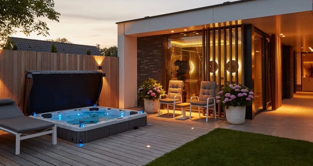 Stijlvol huis met sfeervol verlichte ingebouwde jacuzzi bij schemering