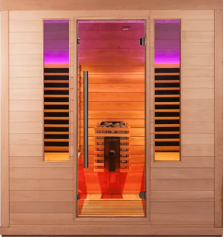 Enjoy Life IR-sauna met licht hout en sfeervolle rood-oranje verlichting