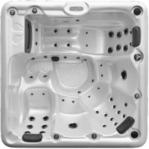 Een bovenaanzicht van een vierkante jacuzzi met meerdere zitplaatsen, jets, hoofdsteunen en een centraal voetgedeelte.