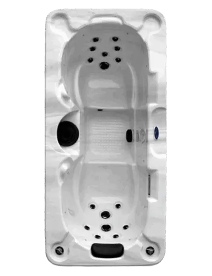 Bovenaanzicht van de 'WellnesZ spa Iseo' met een langgerekte ligplaats, geïntegreerde zitgedeeltes en meerdere jets verdeeld over rug-, zij- en beenzones.