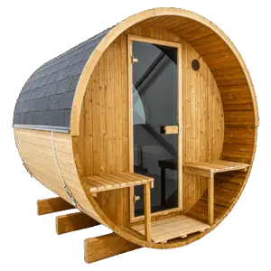 Barrelsauna 225 met zitje Thermowood foto op een witte achtergrond