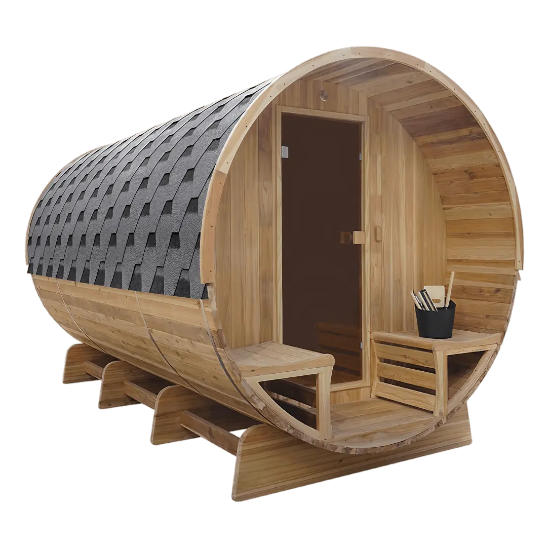product foto van een houten barrelsauna met ronde vorm en open deur