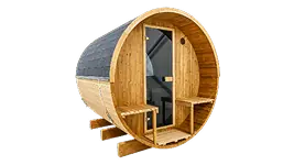 Barrel buiten sauna afgebeeld op een witte achtergrond