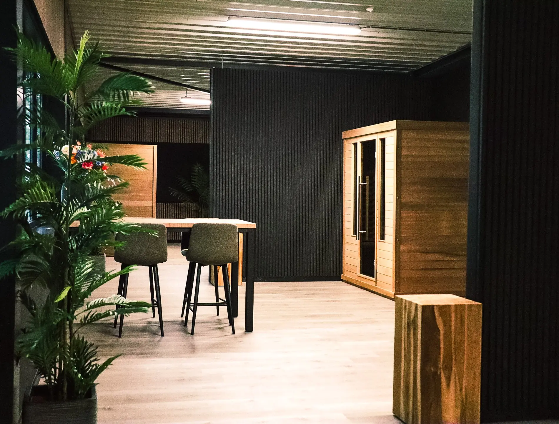 Showroom Wellnesshuis Benelux met infraroodsauna, houten meubels en groene planten