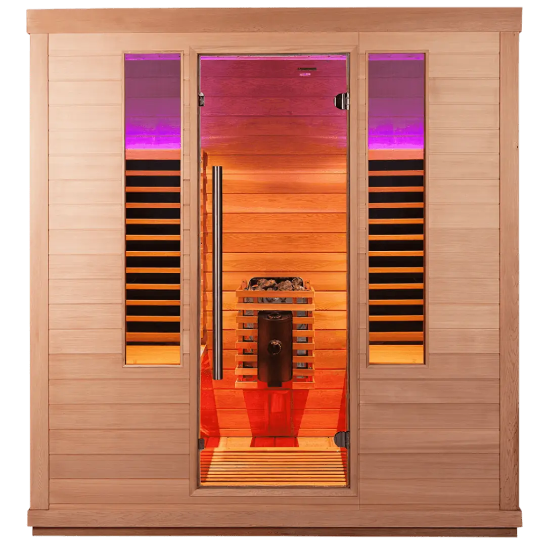 Enjoy Life IR-sauna met licht hout en sfeervolle rood-oranje verlichting