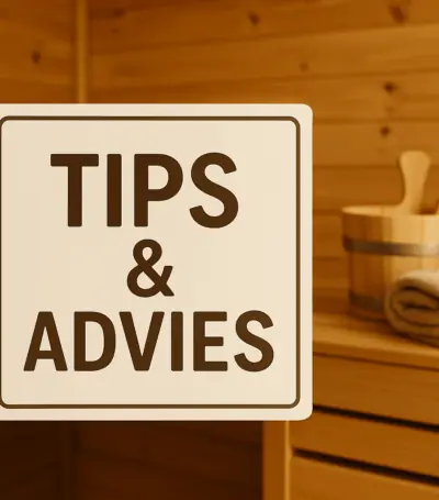 Een sauna op de achtergrond met op de voorgrond een beige bordje met bruine letters 'tips en advies'