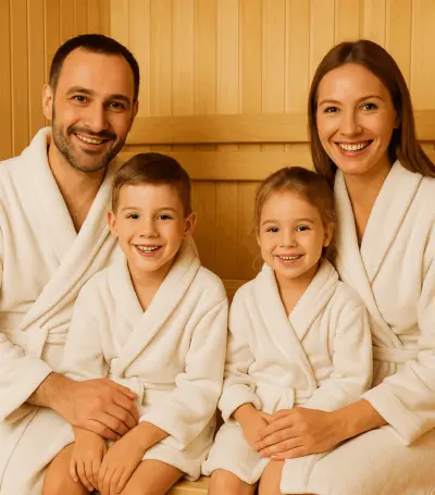 Een man en een vrouw in de sauna met 2 kinderen op schoot. Alle 4 hebben een witte badjas aan . Een zoon van 12 en het meisje is 14