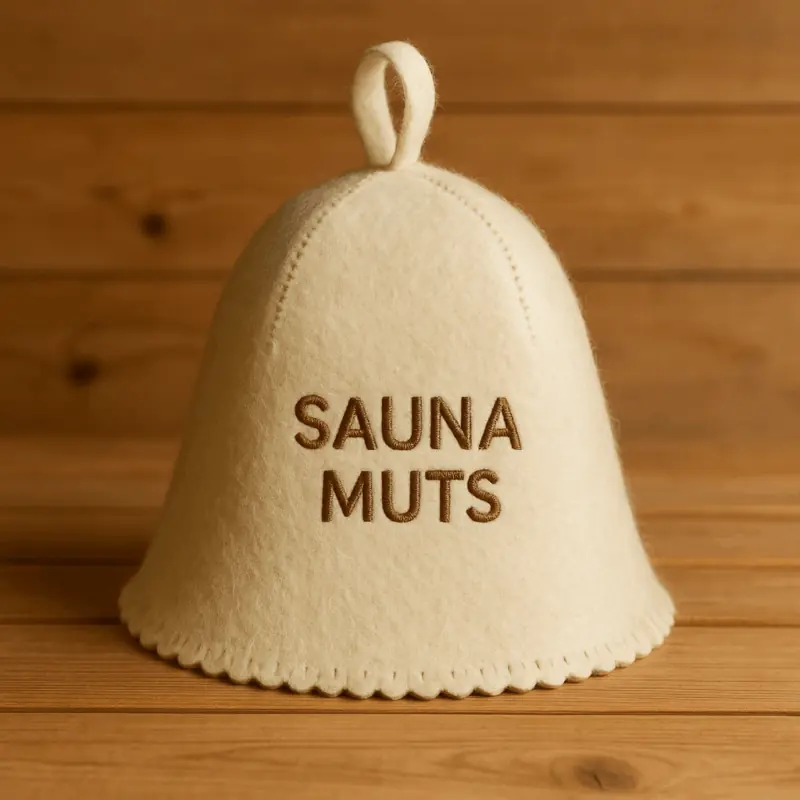 op de afbeelding staat een beige sauna muts waar met bruine letters; "sauna muts" op staat