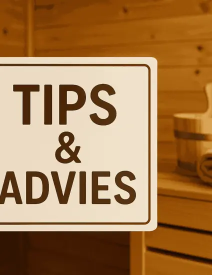 Een sauna op de achtergrond met op de voorgrond een beige bordje met bruine letters 'tips en advies'