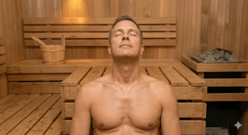 Een man zit naakt in de sauna en is zich diep aan het ontspannen